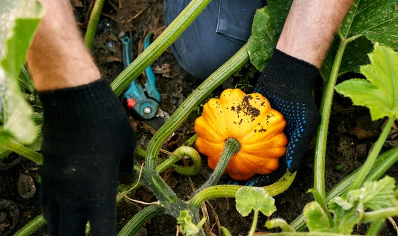 Organic local famer harvesting pumpkin